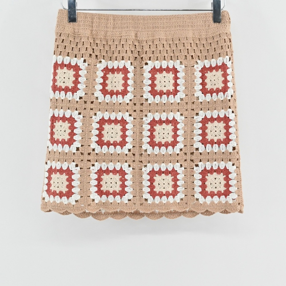Lulus Womens Granny Squares Crochet Mini‎ Skirt Size S Tan Boho Festival Lined